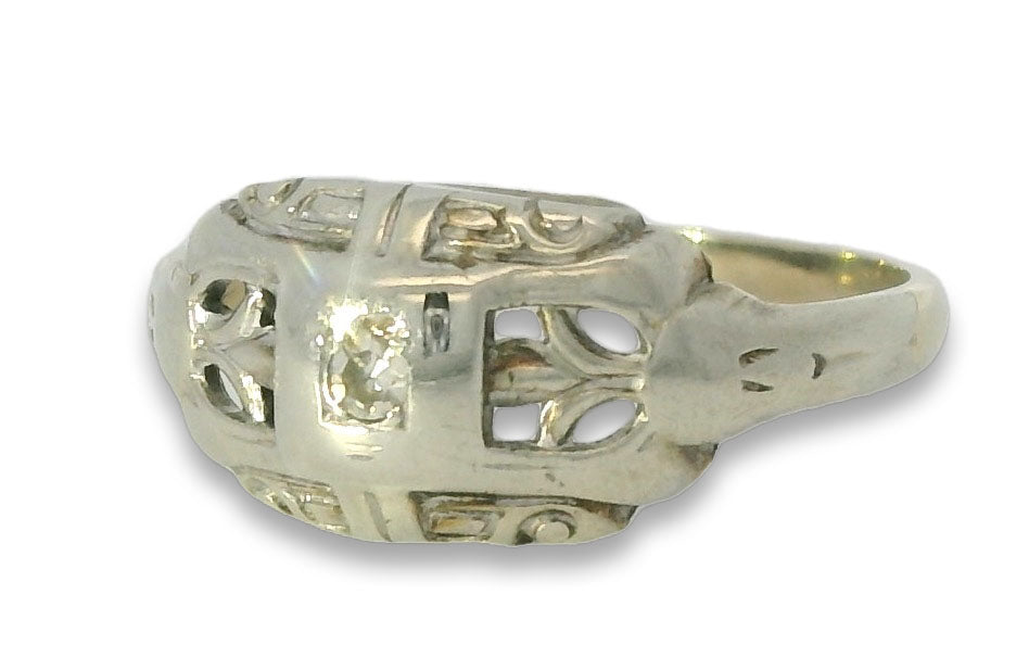 Beautiful Antique 14K White Gold Filigree Diamond Pinky Ring Band - GGEMSonline