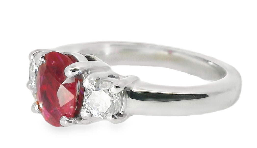 Magnificent 14K White Gold Ruby Diamond Three-Stone Three Stone 3-Stone Ring - GGEMSonline