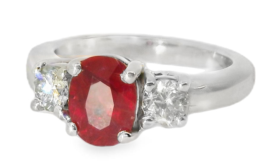 Magnificent 14K White Gold Ruby Diamond Three-Stone Three Stone 3-Stone Ring - GGEMSonline