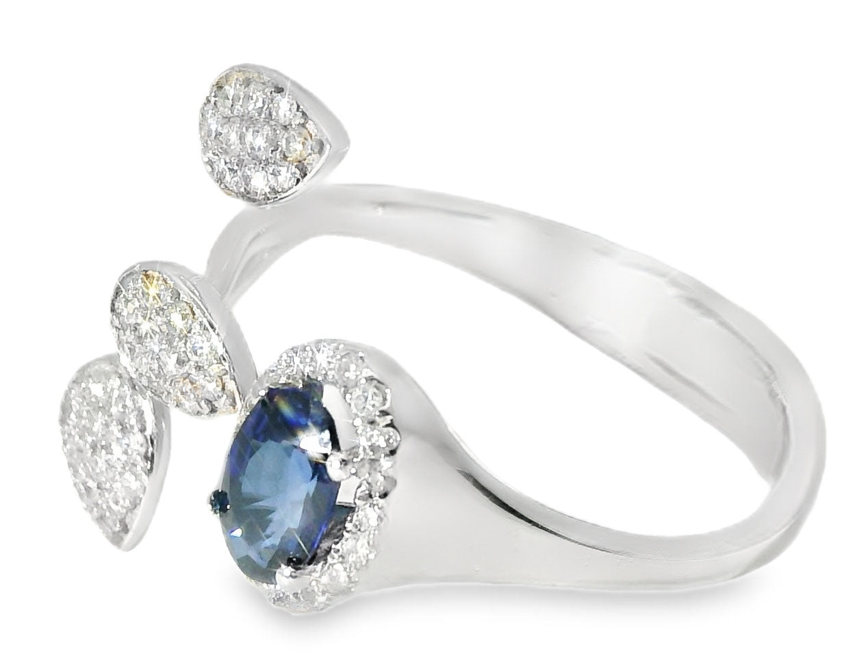 Stunninig 18K White Gold Designer Sapphire Diamond Wire Leaf Filigree Band Ring - GGEMSonline