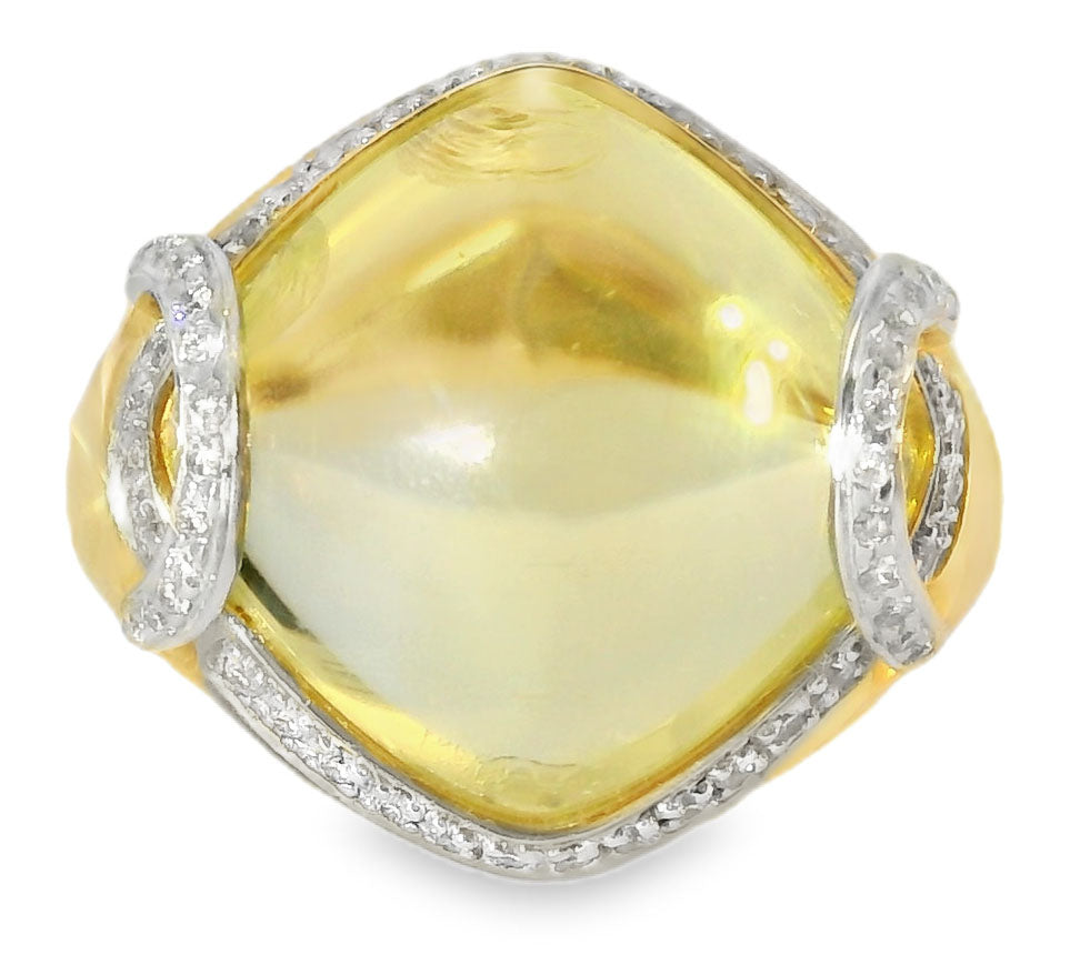 Beautiful 14K Yellow Gold Diamond Cabochon Lemon Quartz Ring - GGEMSonline