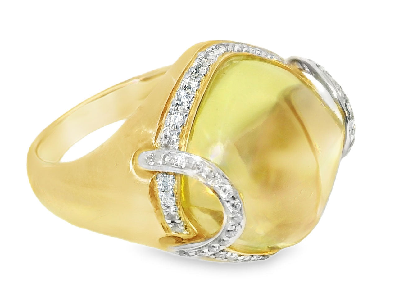 Beautiful 14K Yellow Gold Diamond Cabochon Lemon Quartz Ring - GGEMSonline