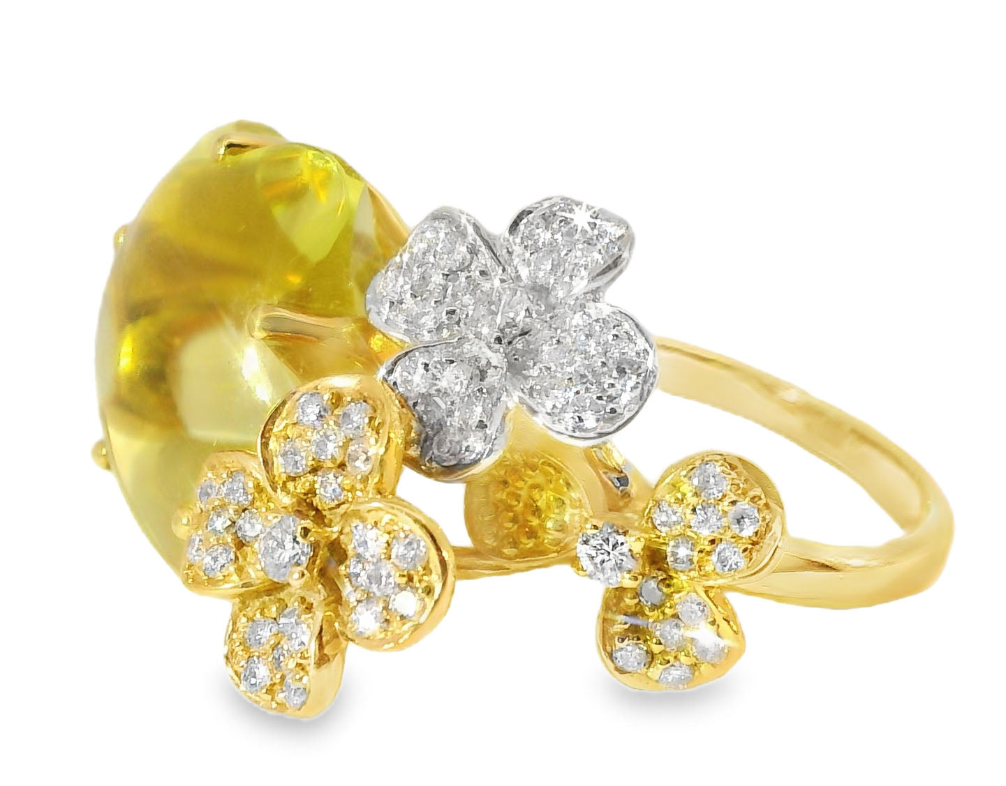 Stunning 18K Tri-color Gold Diamond Cabochon Lemon Quartz Floral Ring - GGEMSonline