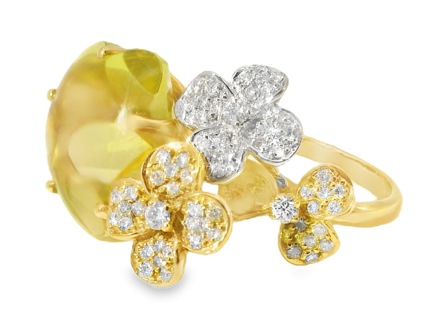 Stunning 18K Tri-color Gold Diamond Cabochon Lemon Quartz Floral Ring - GGEMSonline