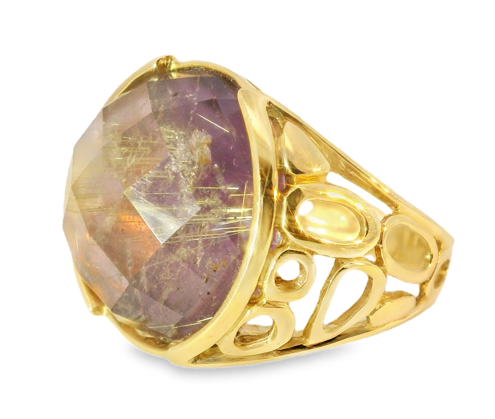 Stunning 14K Yellow Gold Designer Handmade Mossy Tourmalinated Amethyst Ring - GGEMSonline