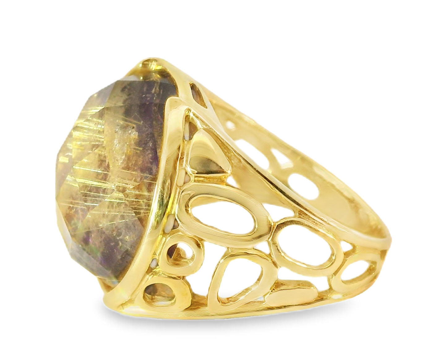 Stunning 14K Yellow Gold Designer Handmade Mossy Tourmalinated Amethyst Ring - GGEMSonline