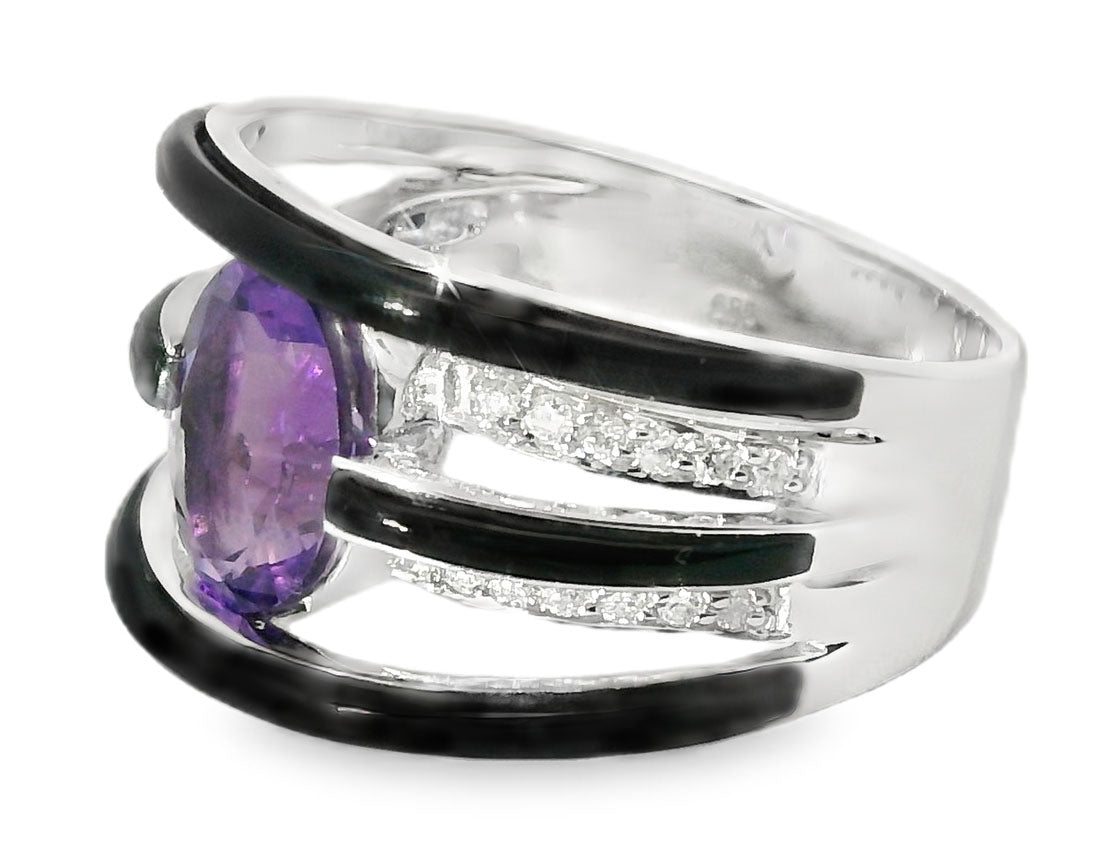 Unique 14K White Gold Diamond Amethyst Onyx Band Ring - GGEMSonline