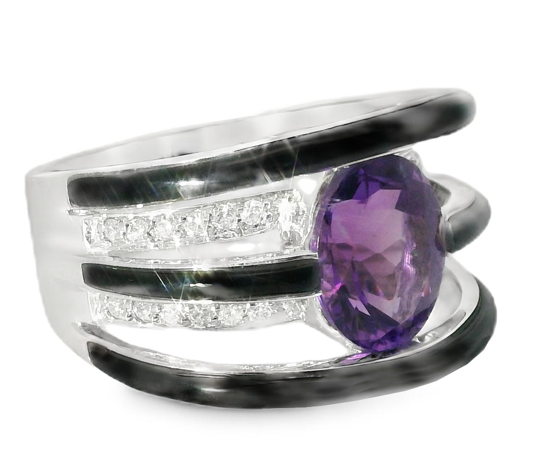 Unique 14K White Gold Diamond Amethyst Onyx Band Ring - GGEMSonline