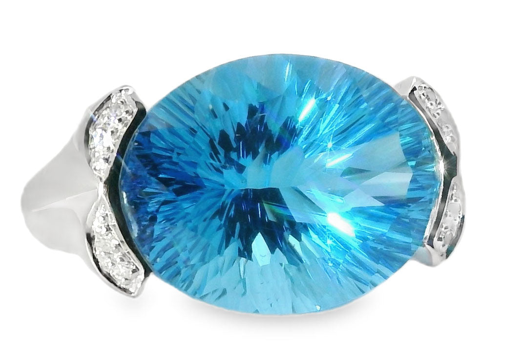 Fabulous Estate Bold 14K White Gold Huge Blue Topaz Diamond Ring - GGEMSonline