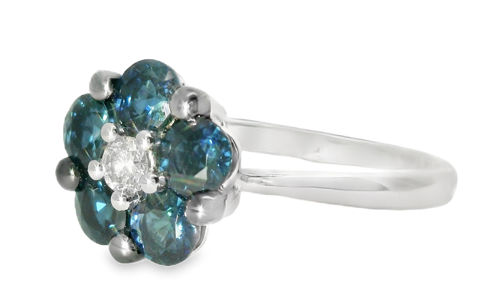 Beautiful 14K White Gold Diamond Sapphire Flower Ring - GGEMSonline