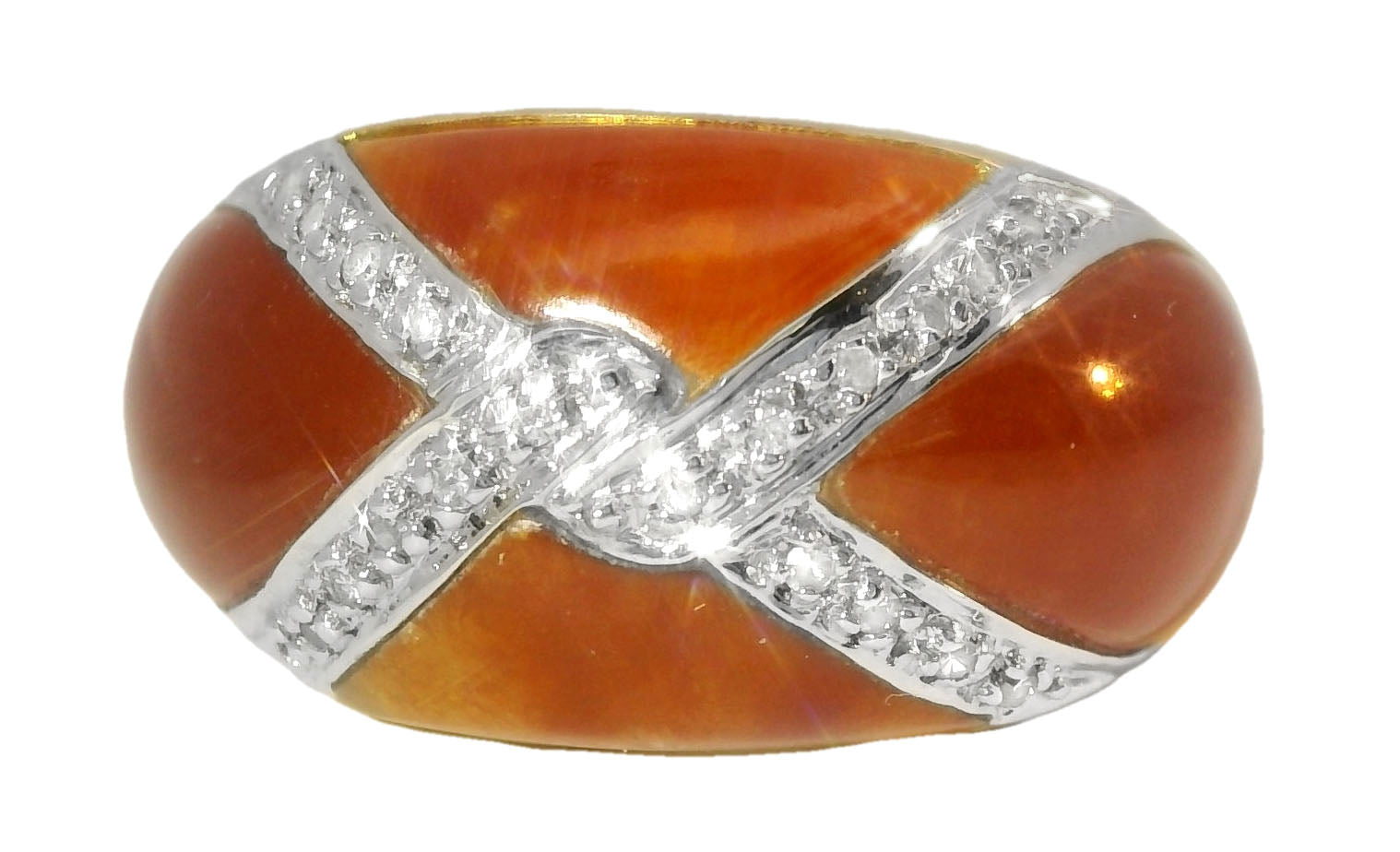 Beautiful Estate 14K Yellow Gold Designer Red Carnelian X Diamond Band Ring - GGEMSonline