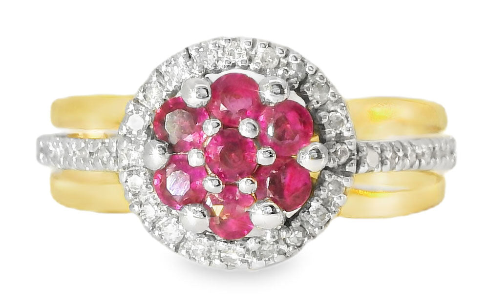 Beautiful Estate 14K 2-Tone Two-Tone Gold Ruby Diamond Floral Ring Band - GGEMSonline