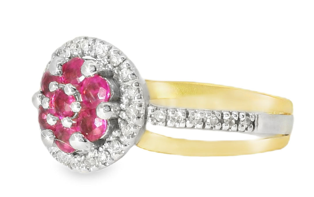Beautiful Estate 14K 2-Tone Two-Tone Gold Ruby Diamond Floral Ring Band - GGEMSonline