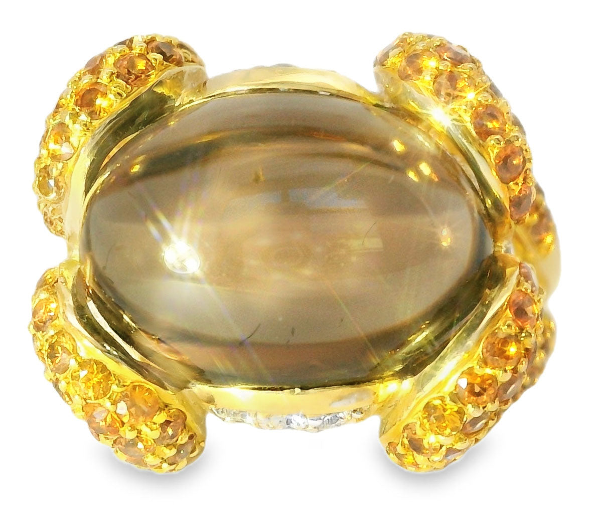 Beautiful 14K Yellow Gold Diamond Cabochon Smokey Quartz Sapphire Ring - GGEMSonline