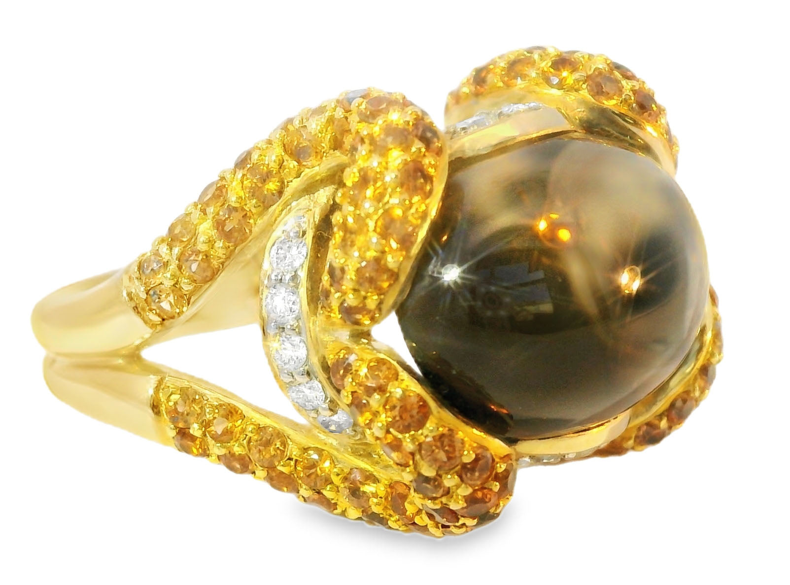 Beautiful 14K Yellow Gold Diamond Cabochon Smokey Quartz Sapphire Ring - GGEMSonline