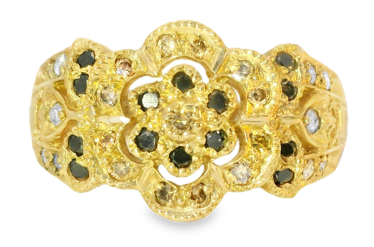 Beautiful Estate 14K Yellow Gold Filigree Black Brown Diamond Floral Band Ring - GGEMSonline