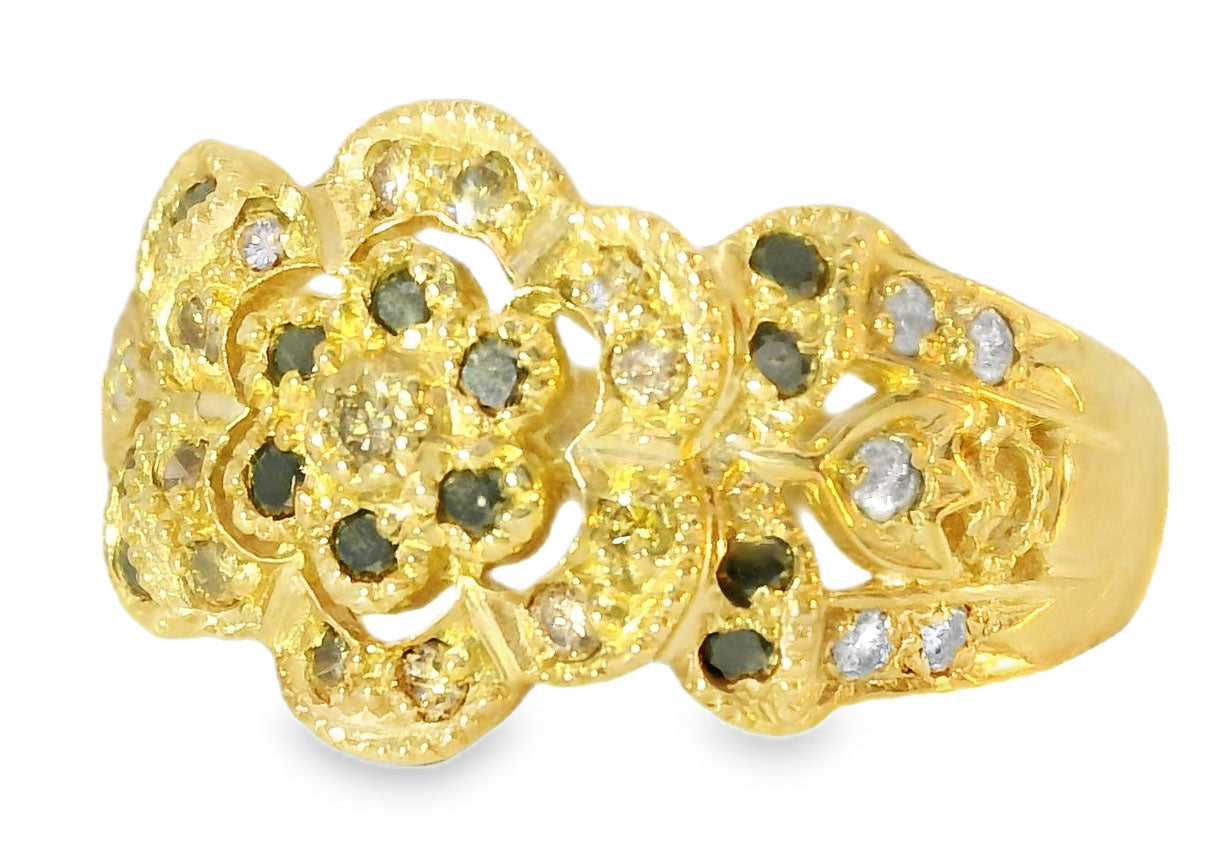 Beautiful Estate 14K Yellow Gold Filigree Black Brown Diamond Floral Band Ring - GGEMSonline