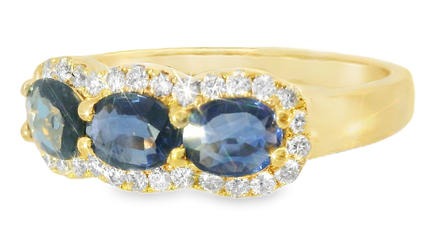 Gorgeous 18K White Gold Diamond Sapphire 3-Stone Band Ring - GGEMSonline