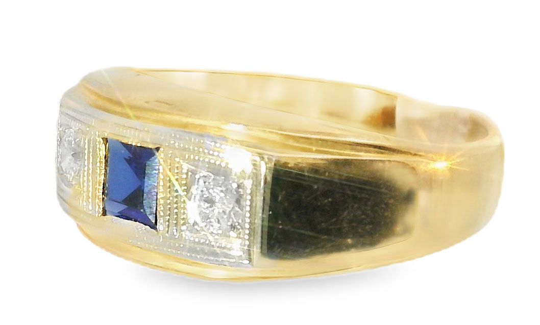 Antique 14K Two-Tone Gold Sapphire Diamond 3-Stone Unisex Band Ring - GGEMSonline