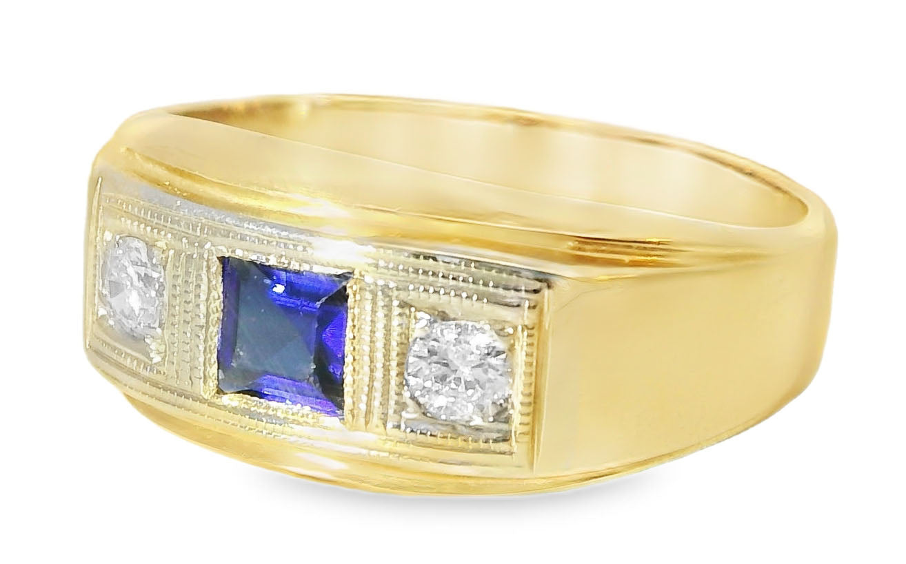 Antique 14K Two-Tone Gold Sapphire Diamond 3-Stone Unisex Band Ring - GGEMSonline
