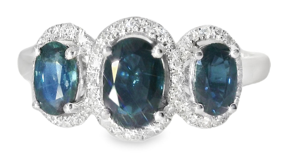 Gorgeous 14K White Gold Diamond Sapphire 3-Stone Band Ring - GGEMSonline