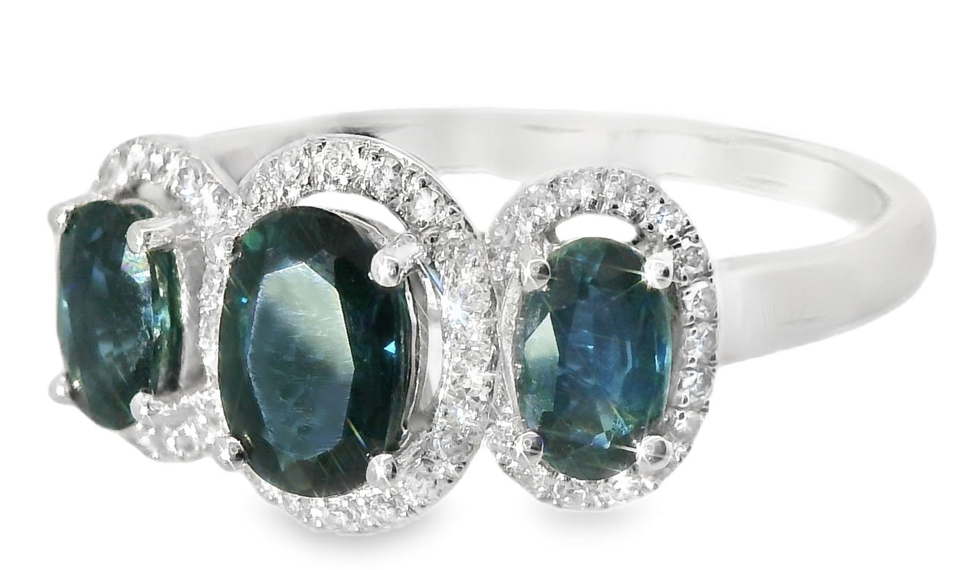 Gorgeous 14K White Gold Diamond Sapphire 3-Stone Band Ring - GGEMSonline