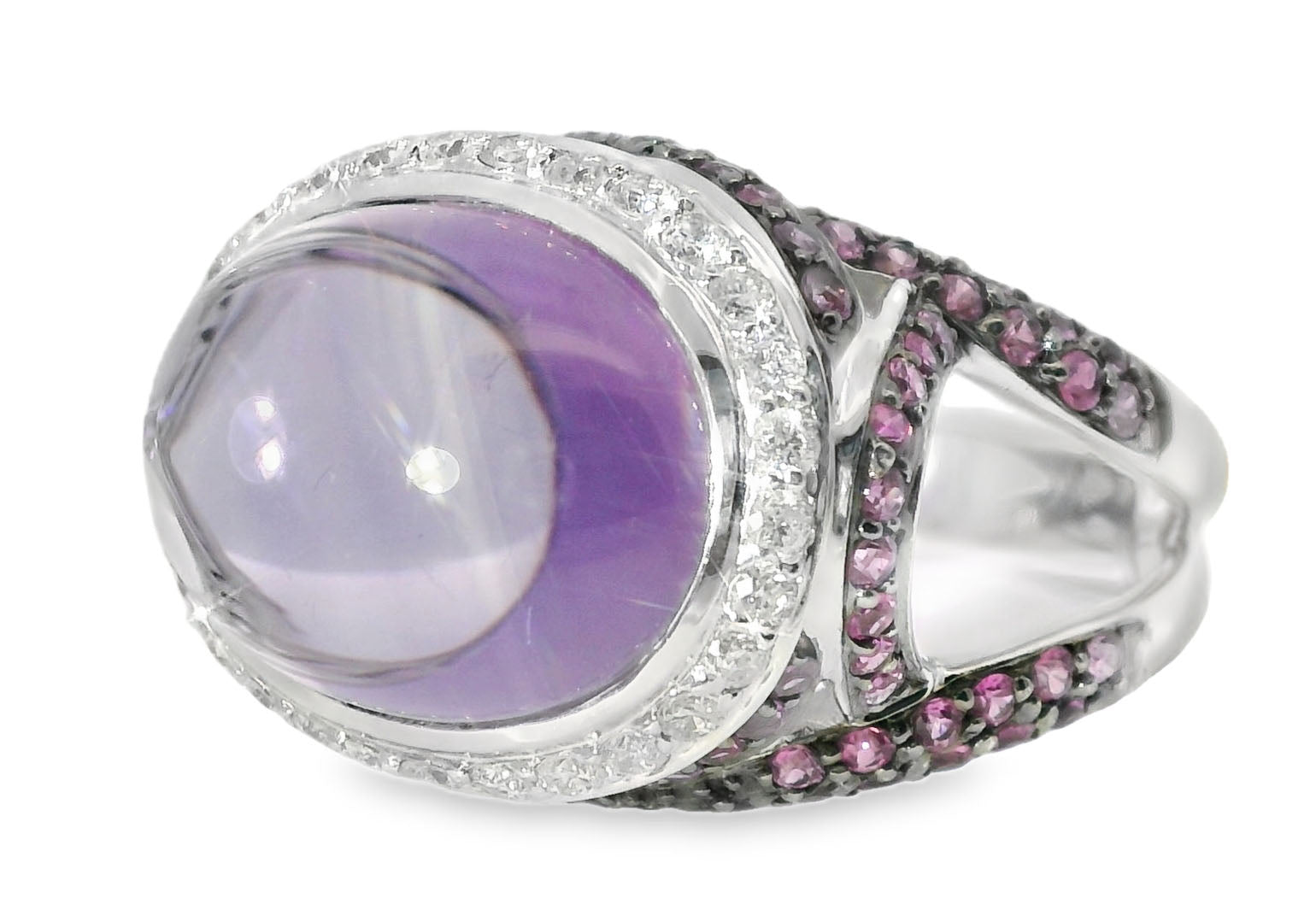 Gorgeous 14K White Gold Diamond Cabochon Amethyst Sapphire Ring - GGEMSonline