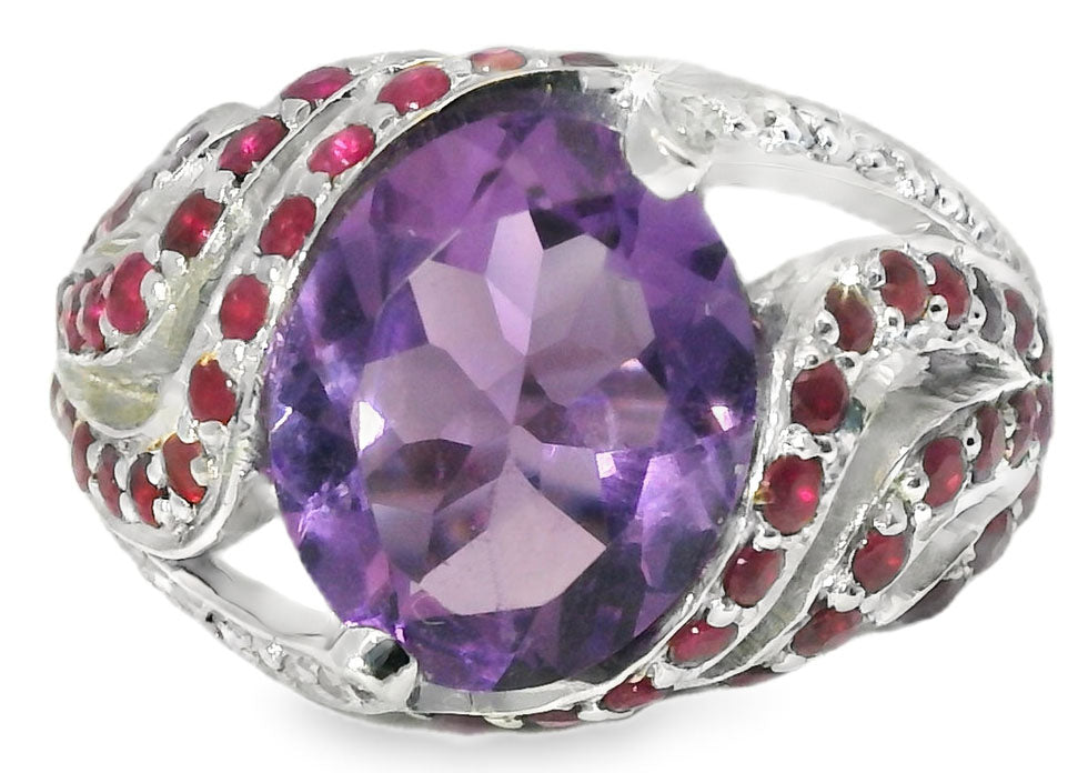 Gorgeous Estate 14K White Gold Amethyst Ruby Pave Diamond Ring Band - GGEMSonline
