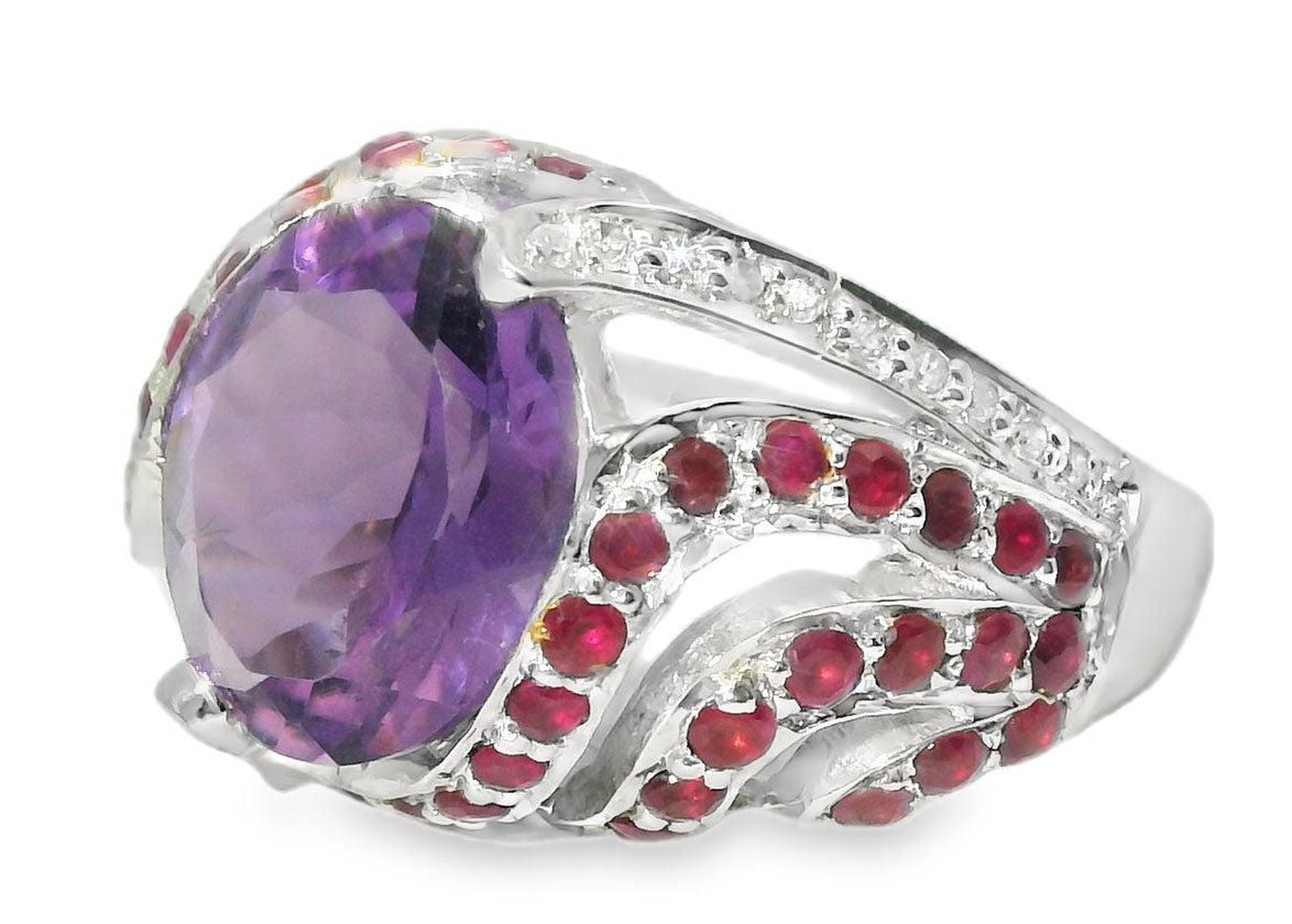 Gorgeous Estate 14K White Gold Amethyst Ruby Pave Diamond Ring Band - GGEMSonline