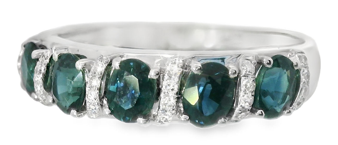 Gorgeous 14K White Gold Diamond Sapphire 5-Stone Band Ring - GGEMSonline