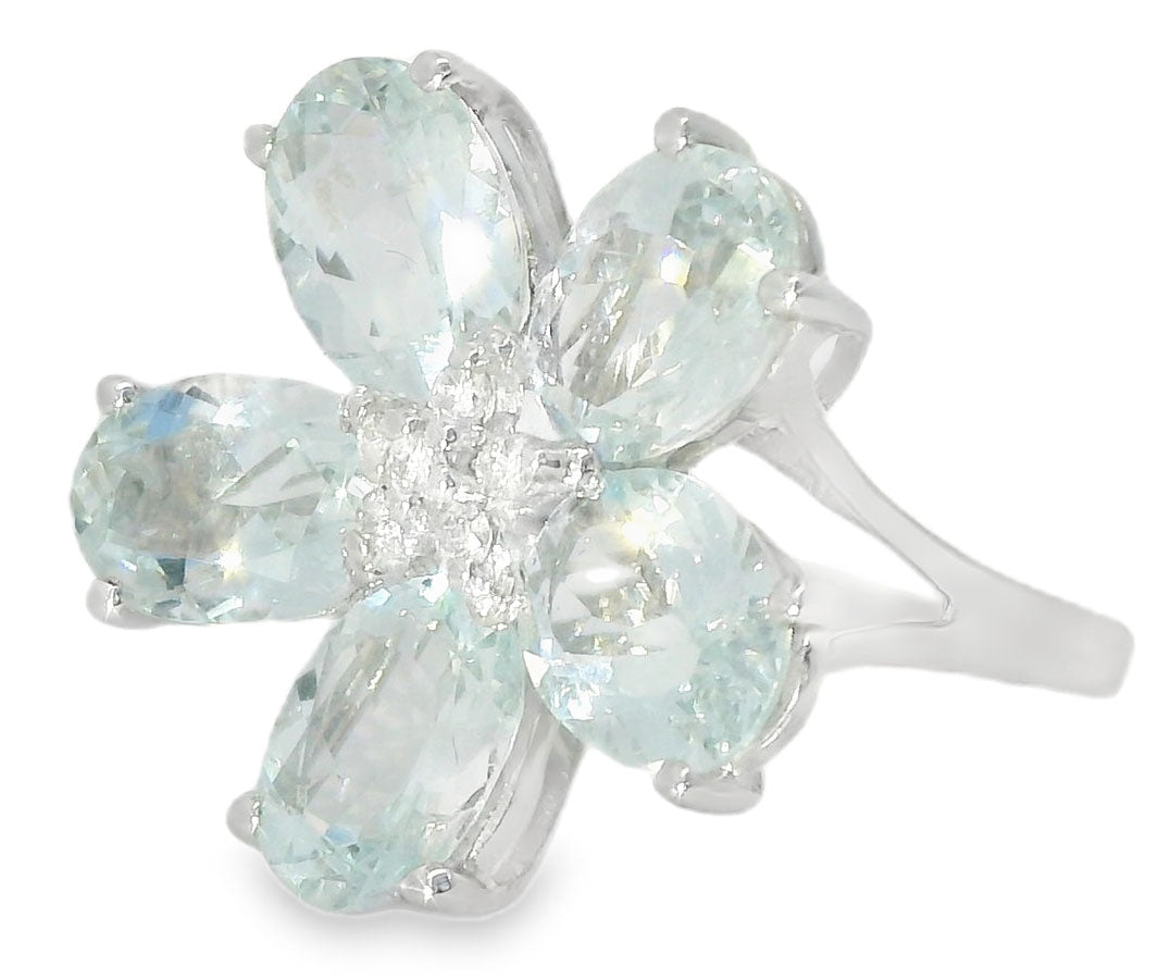 Fabulous 18K White Gold Diamond Aquamarine Floral Ring - GGEMSonline