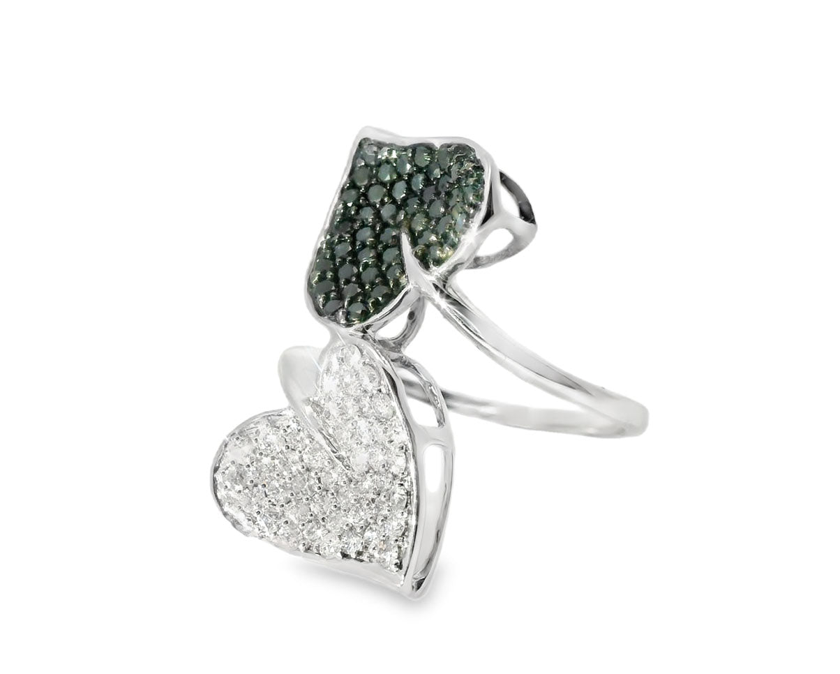 Gorgeous Estate 10K White Gold Pave Black Diamond Leaf Heart Ring - GGEMSonline