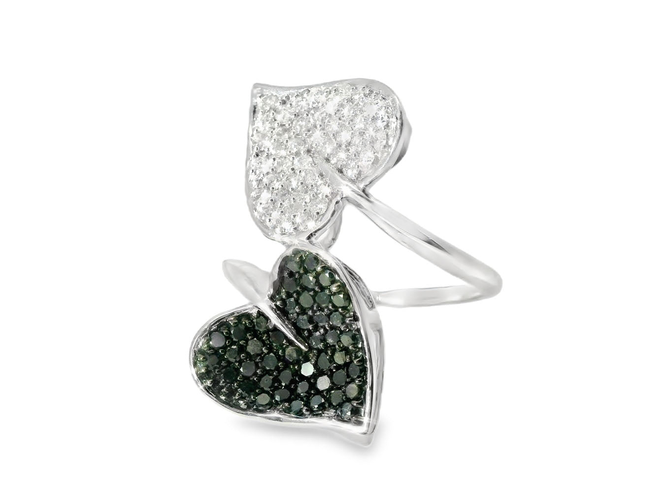 Gorgeous Estate 10K White Gold Pave Black Diamond Leaf Heart Ring - GGEMSonline