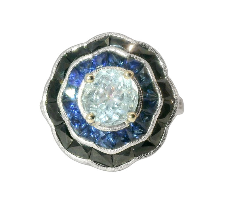 Unique Art Deco 14K White Gold Filigree Sapphire Onyx Diamond Aquamarine Ring - GGEMSonline