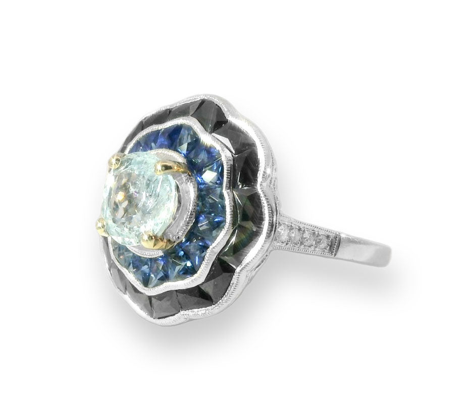 Unique Art Deco 14K White Gold Filigree Sapphire Onyx Diamond Aquamarine Ring - GGEMSonline