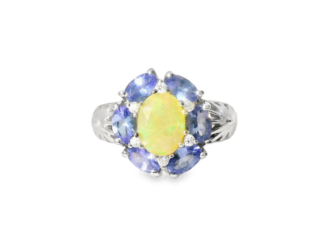 Gorgeous Estate 14K White Gold Diamod Tanzanite Opal Filigree Ring - GGEMSonline