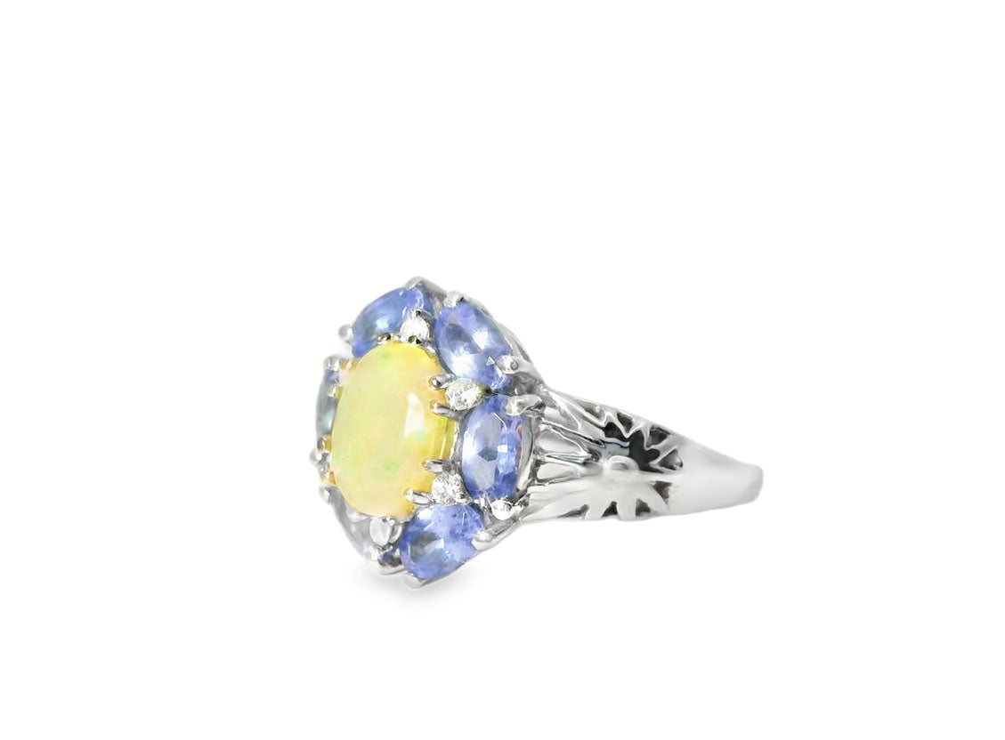 Gorgeous Estate 14K White Gold Diamod Tanzanite Opal Filigree Ring - GGEMSonline