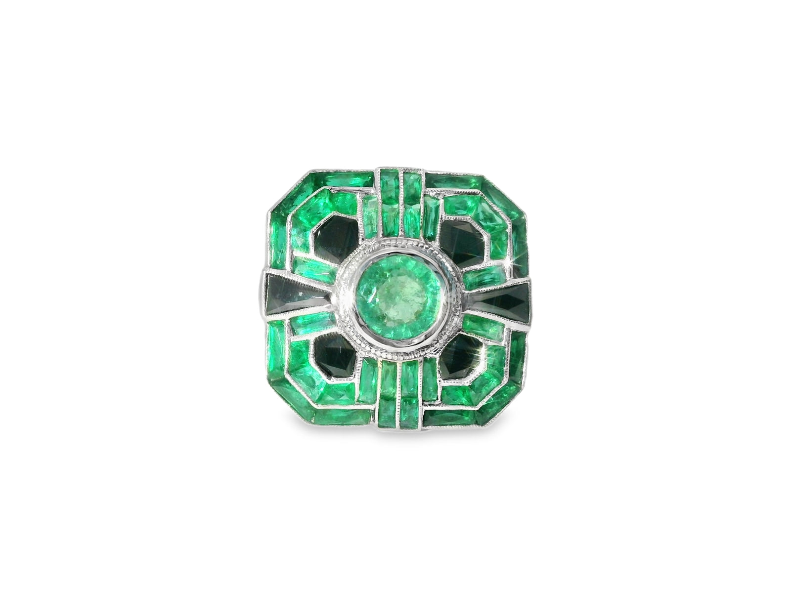Magnificent Handmade Art Deco 18K White Gold Hand Cut Emerald Onyx Mosaic Ring Band - GGEMSonline
