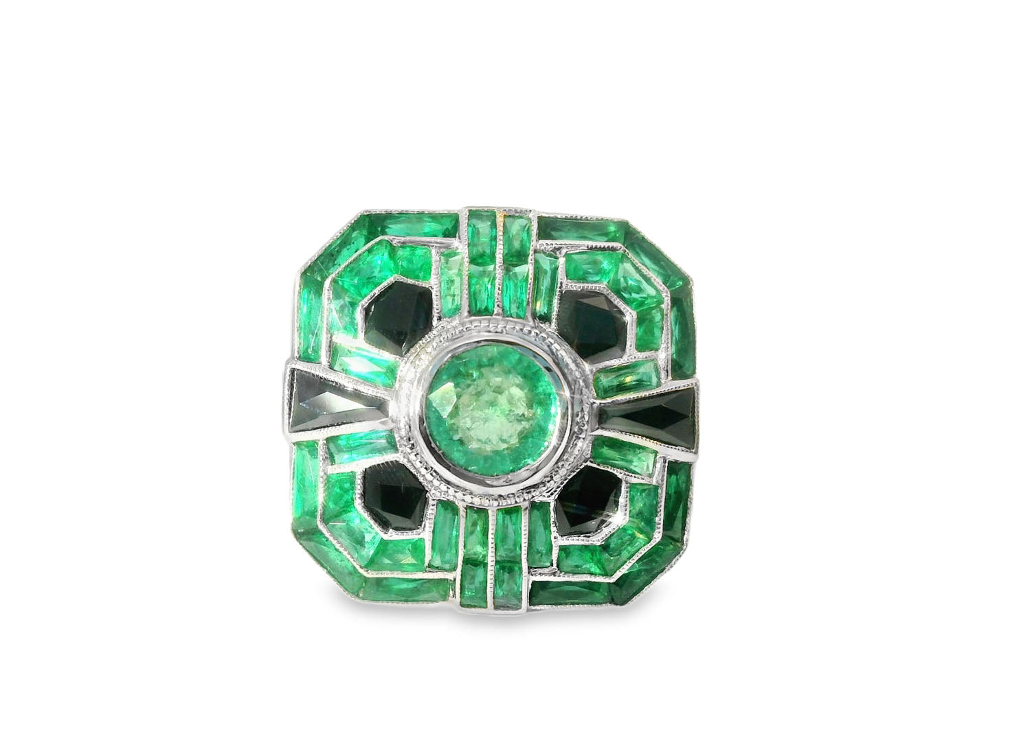Magnificent Handmade Art Deco 18K White Gold Hand Cut Emerald Onyx Mosaic Ring Band - GGEMSonline