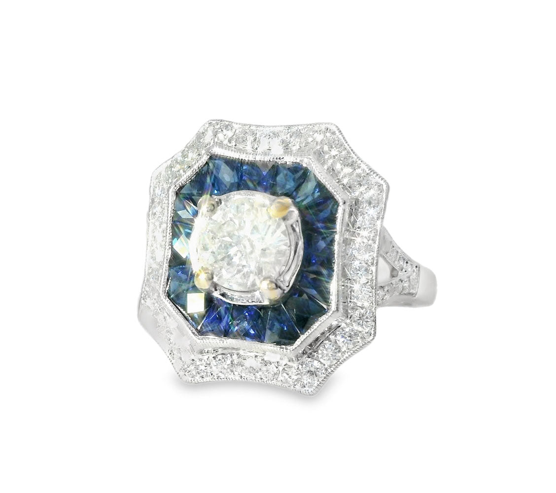 Rare Handmade Art Deco 18K White Gold Hand Cut Onyx Ruby Diamond Ring Band - GGEMSonline