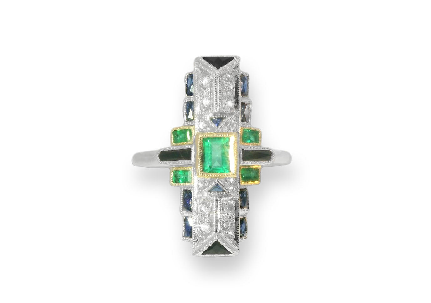 Handmade Art Deco 18K White Gold Hand Cut Emerald Sapphire Diamond Mosaic Ring - GGEMSonline