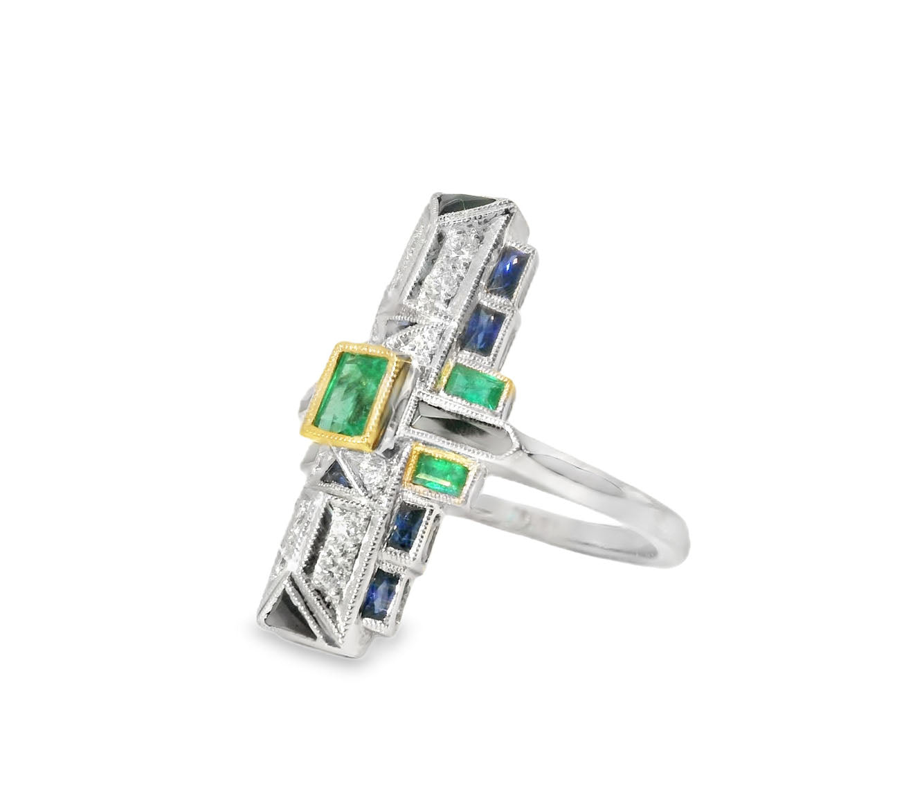 Handmade Art Deco 18K White Gold Hand Cut Emerald Sapphire Diamond Mosaic Ring - GGEMSonline