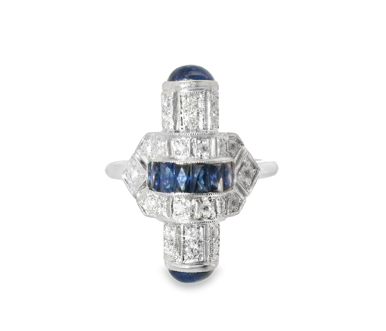 Stunning Art Deco 14K White Gold Hand Cut Diamond Sapphire Mosaic Ring - GGEMSonline