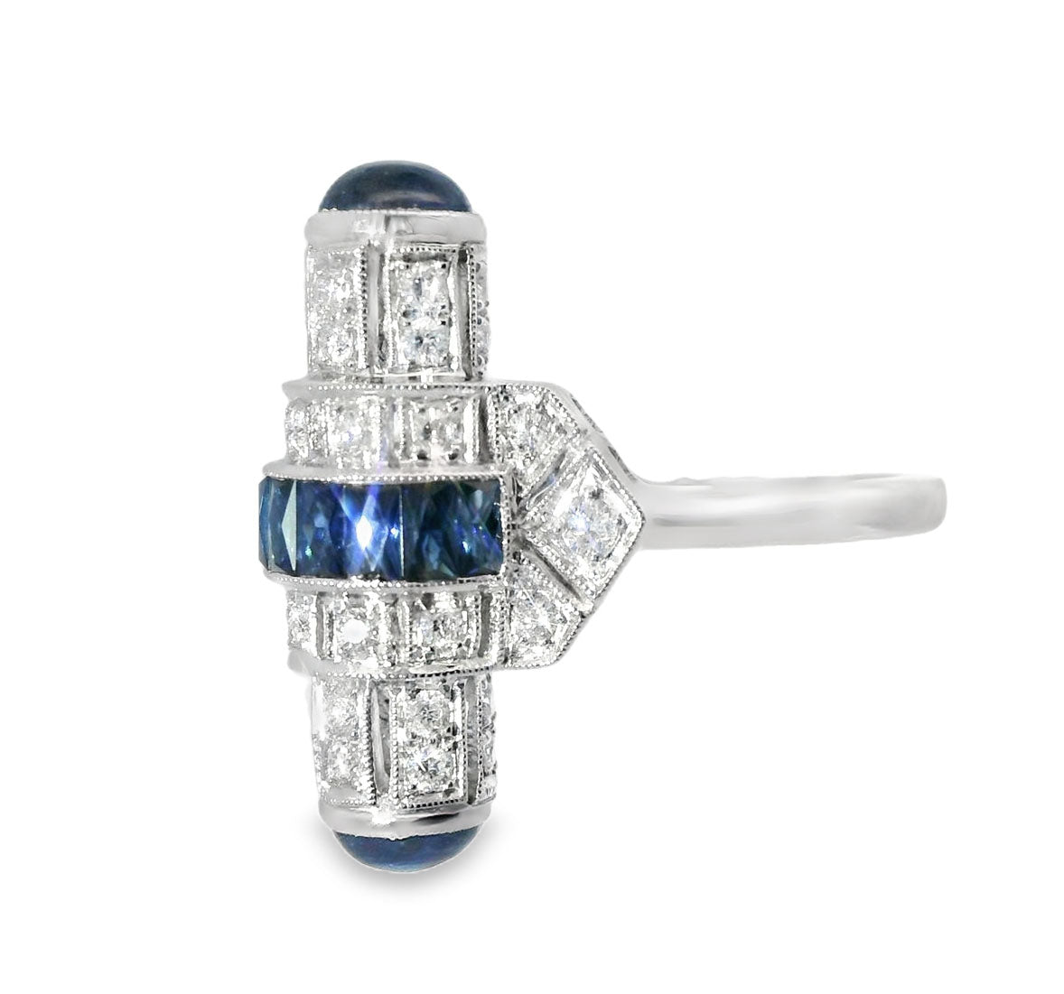 Stunning Art Deco 14K White Gold Hand Cut Diamond Sapphire Mosaic Ring - GGEMSonline
