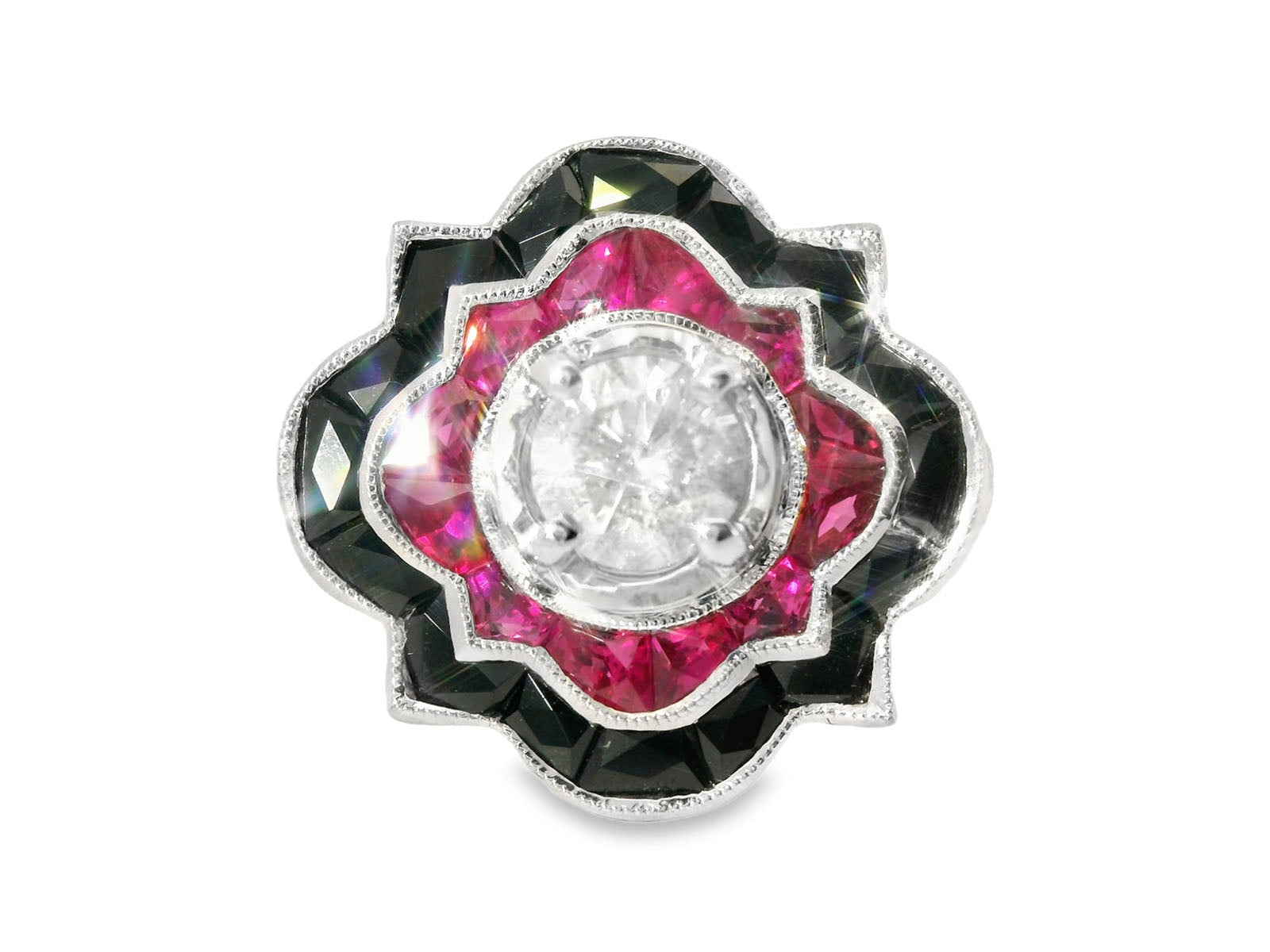 Magnificent Handmade Art Deco 18K White Gold Onyx Ruby Diamond Engagement Ring Band - GGEMSonline