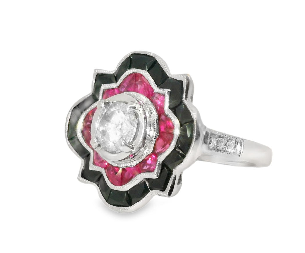 Magnificent Handmade Art Deco 18K White Gold Onyx Ruby Diamond Engagement Ring Band - GGEMSonline