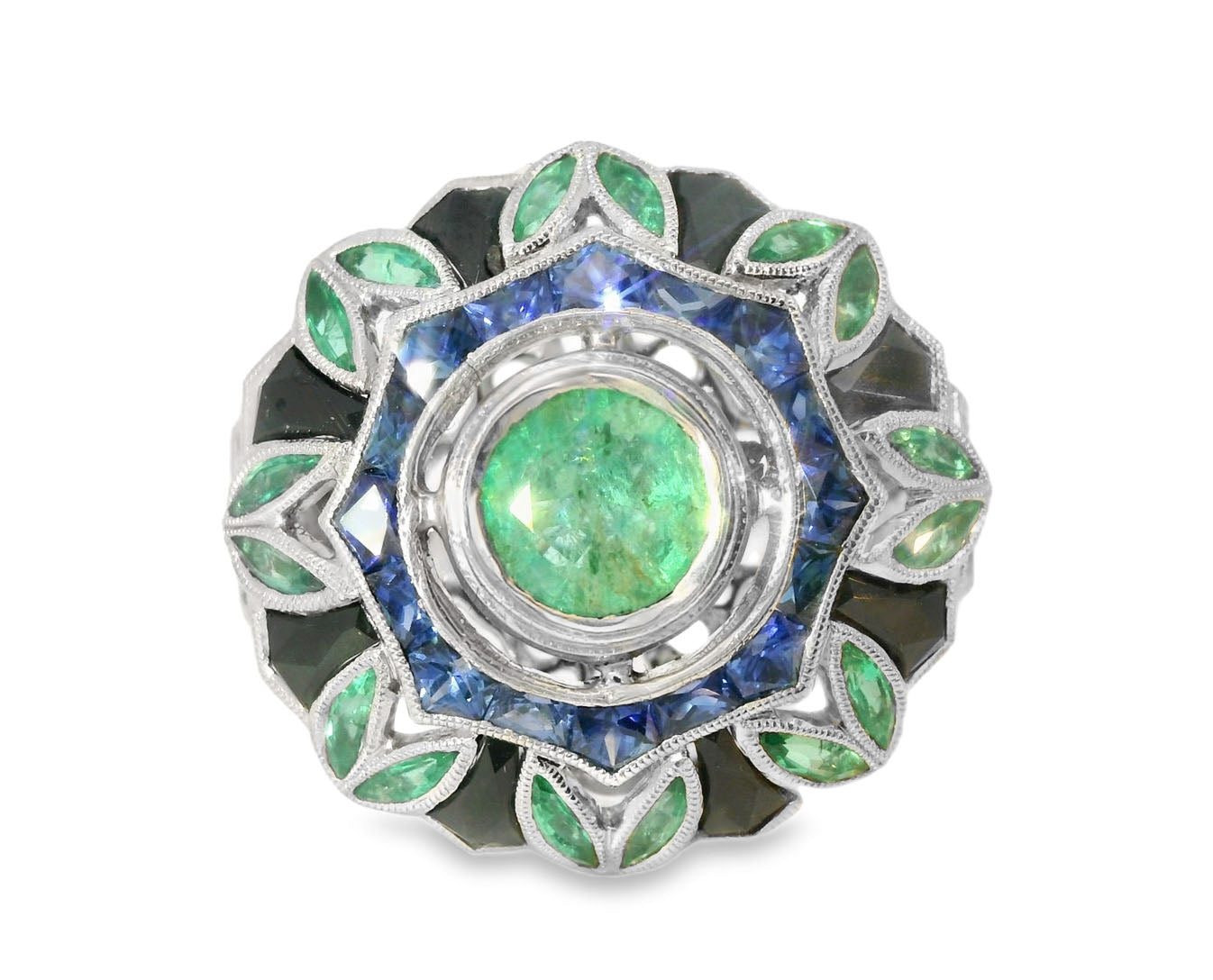 Magnificent Handmade Art Deco 18K White Gold Hand Cut Sapphire Emerald Onyx Diamond Mosaic Ring Band - GGEMSonline