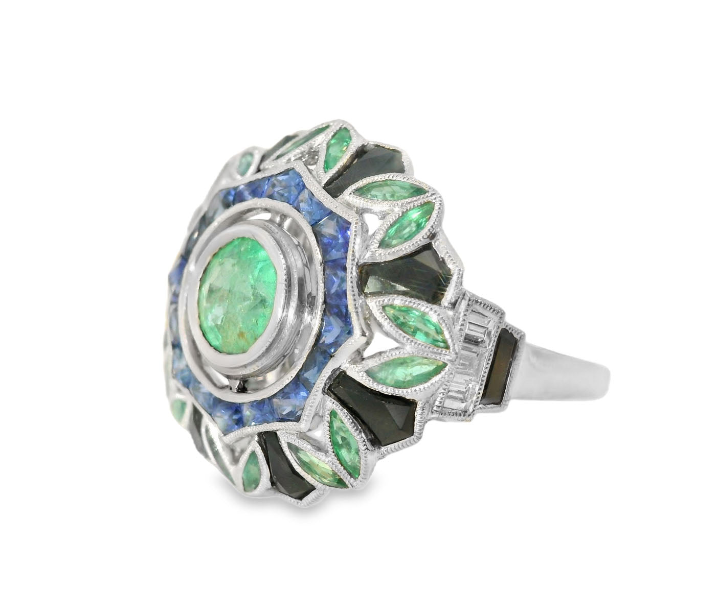 Magnificent Handmade Art Deco 18K White Gold Hand Cut Sapphire Emerald Onyx Diamond Mosaic Ring Band - GGEMSonline
