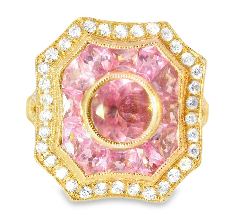 Gorgeous Art Deco 14K Pink Rose Gold Pink Tourmaline Hand Cut Pink Sapphire Diamond Ring Band - GGEMSonline