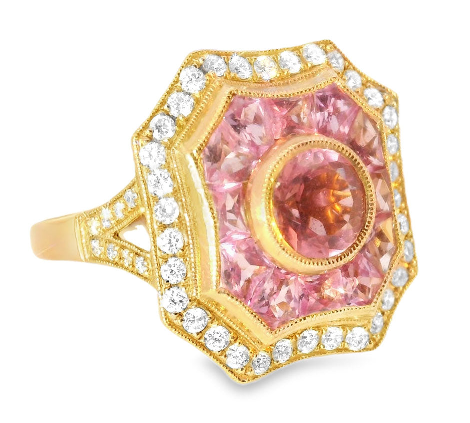 Gorgeous Art Deco 14K Pink Rose Gold Pink Tourmaline Hand Cut Pink Sapphire Diamond Ring Band - GGEMSonline